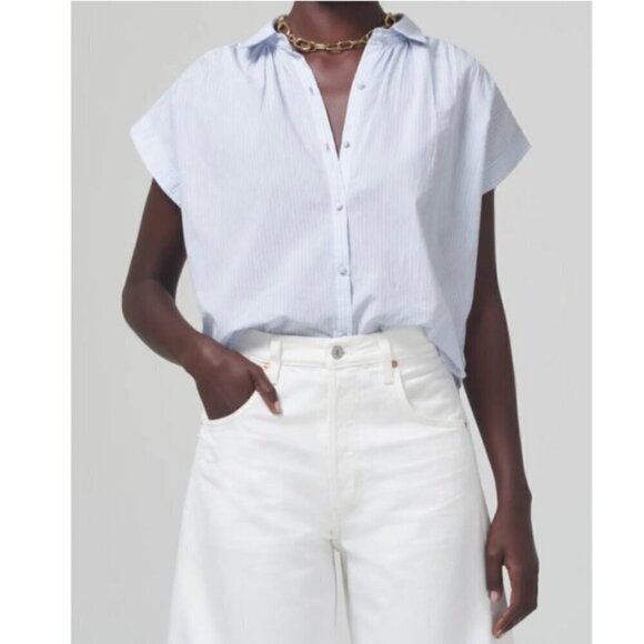 Citizens Of Humanity Penny Blouse Top Cotton Poplin Button Up Shirt Blue Size XL - Picture 2 of 13